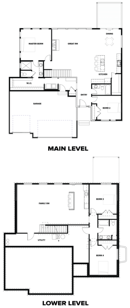 Black and white floor plans of main and lower levels of a house, showing rooms and furniture layouts.