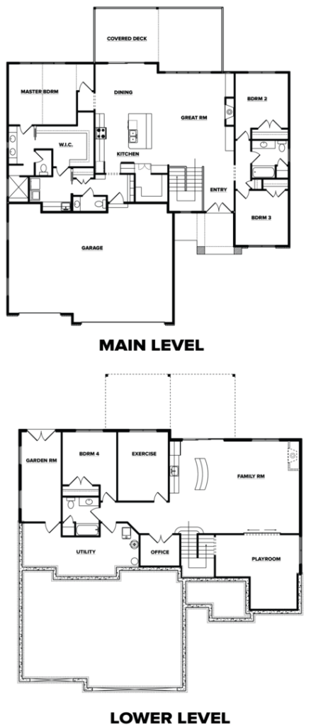 Black and white floor plans showing the main and lower levels of a house with various rooms labeled.