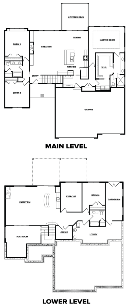 Black and white floor plan showing main and lower levels of a house with rooms and stairs labeled.