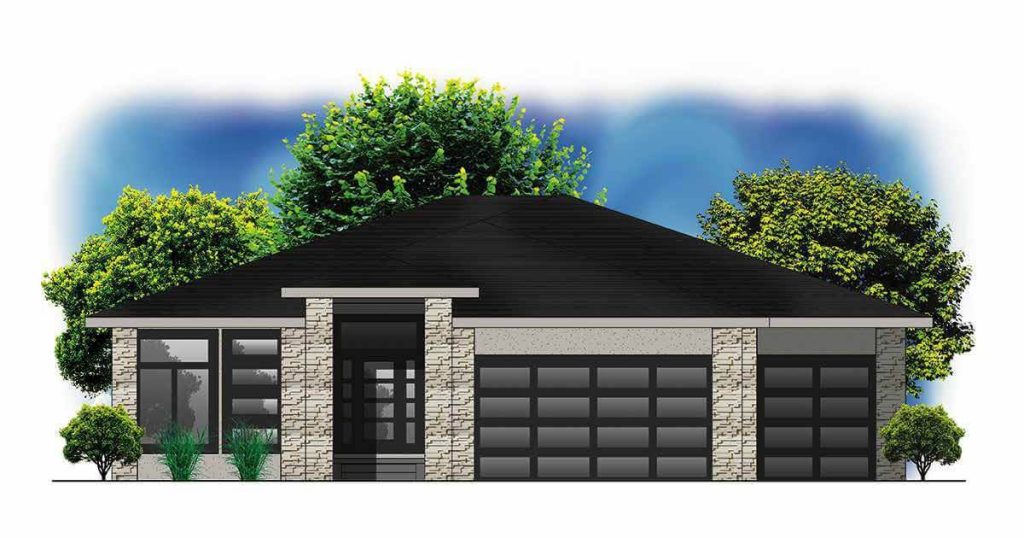 Modern single-story house with stone accents, large windows, double garage, and trees in the background.