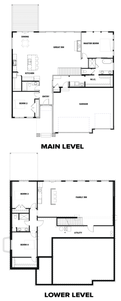 Two-story house floor plan showing main and lower levels with bedrooms, kitchen, and living areas.