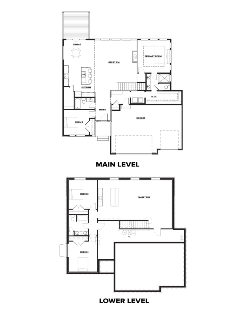 Black and white two-story house floor plan showing main and lower levels with labeled rooms and garage.