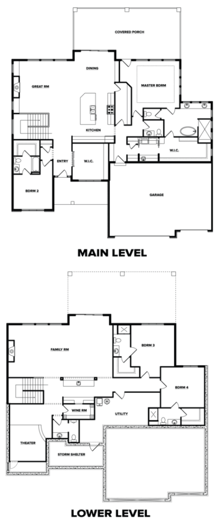 Black and white floor plans showing the main and lower levels of a house, labeled with rooms and features.