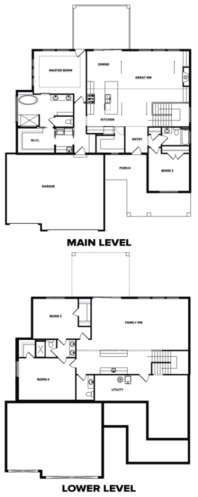 Two-level house floor plan with labeled rooms on the main and lower levels, showing layout and entrances.