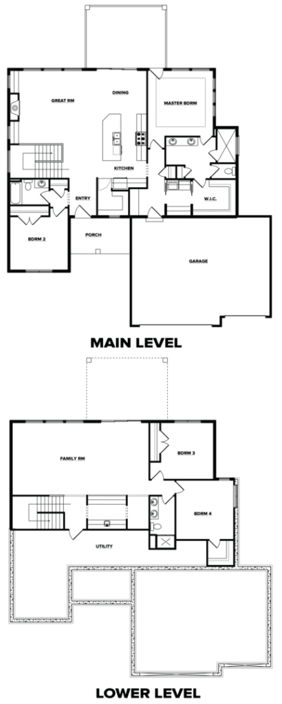 Black and white floor plans showing main and lower levels of a house with labeled rooms and stairways.