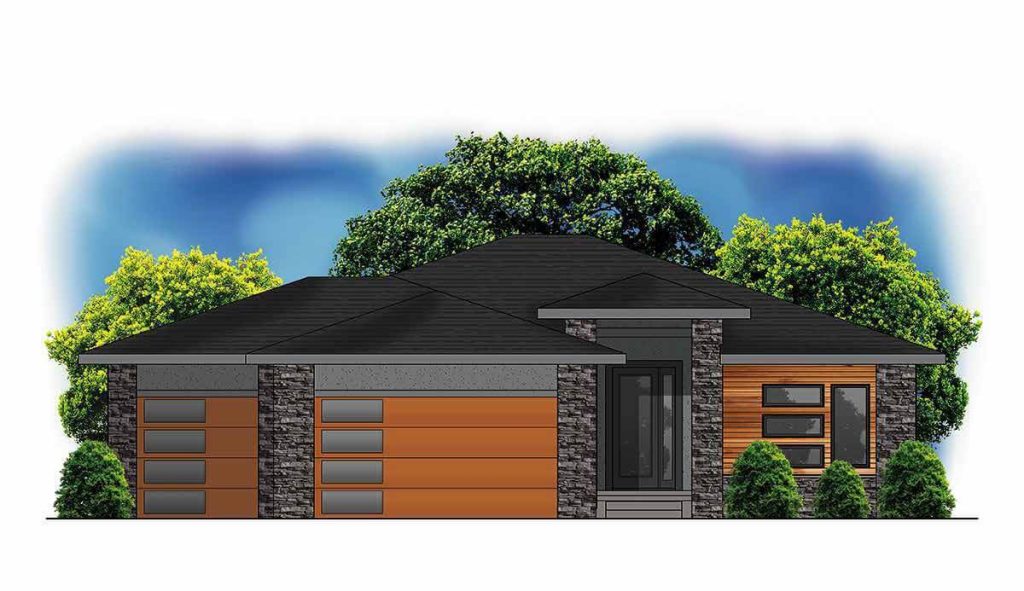Modern single-story house with black roof, wood and stone exterior, and large garage in front of green trees.
