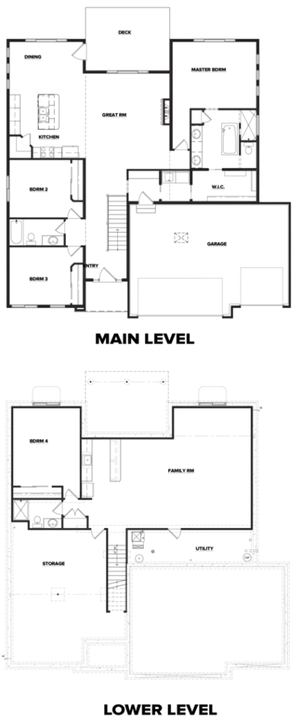 Black and white floor plans for main and basement levels of a house, showing room layouts and doors.