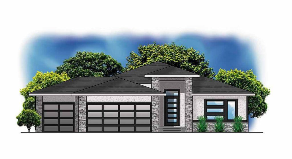 Modern one-story house with a flat roof, large windows, two garages, and greenery in the background.