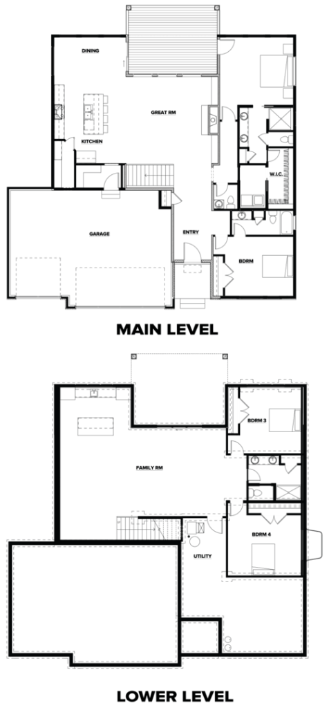 Black and white floor plans showing main and lower levels of a house with multiple rooms and a garage.