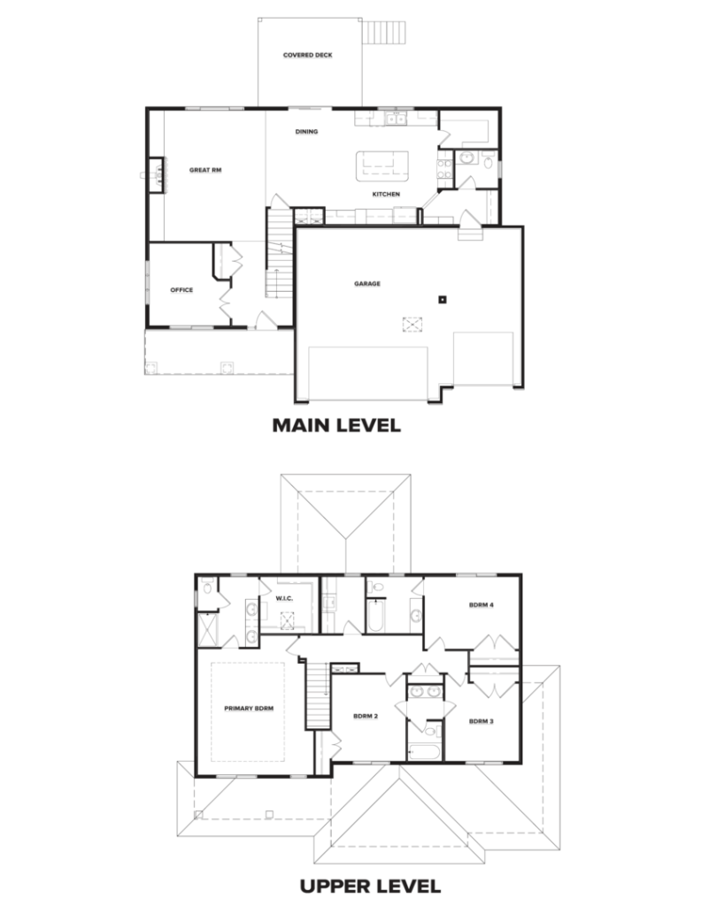 Floor plan showing the main and upper levels of a house. The main level features a garage, kitchen, dining, great room, office, and deck. The upper level includes a primary bedroom, three additional bedrooms, and bathrooms.