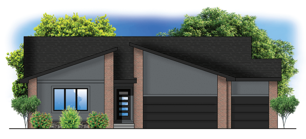 Modern single-story house with dark roof, brick columns, large window, two-car garage, and green trees behind.