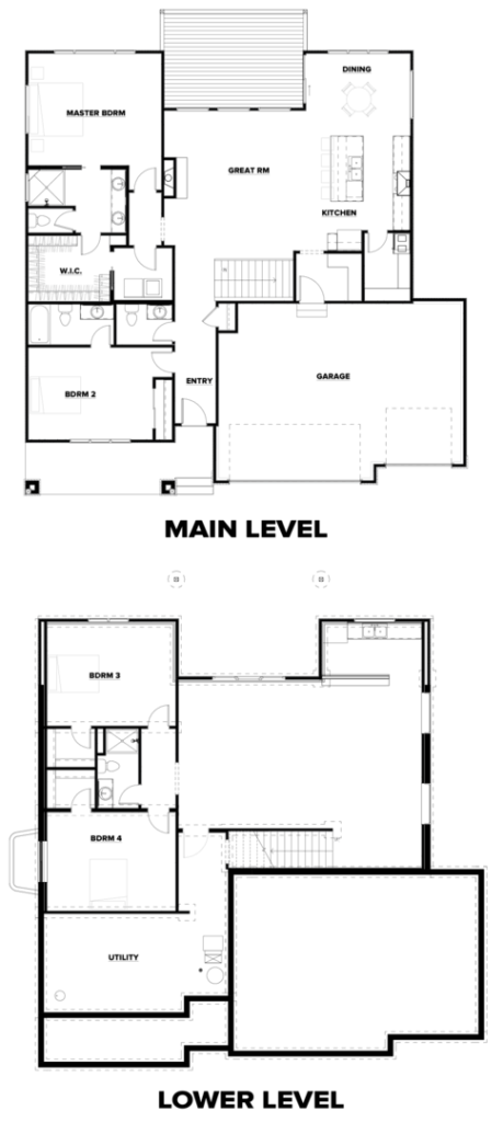 Black and white floor plan of a two-story house showing rooms, stairs, and furniture layout.