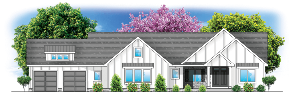 Illustration of a modern white house with a gray roof, two-car garage, and trees in the background.