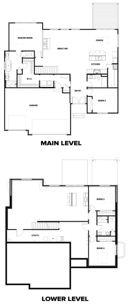 Black and white floor plans showing main and lower levels of a house with labeled rooms and stairs.
