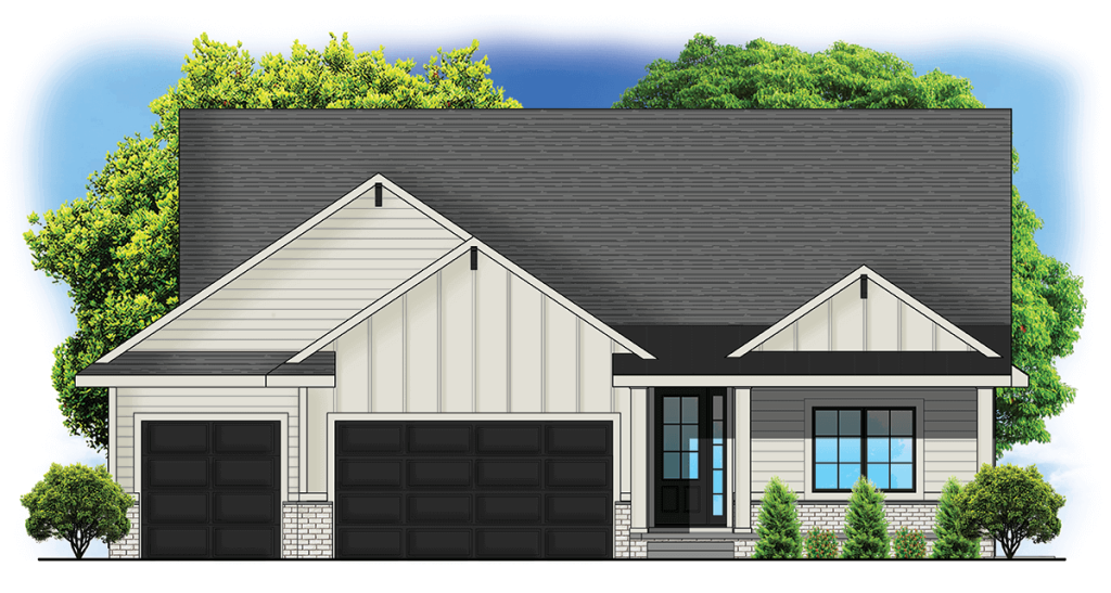 Modern single-story house with a dark roof, two-car garage, front porch, and trees in the background.