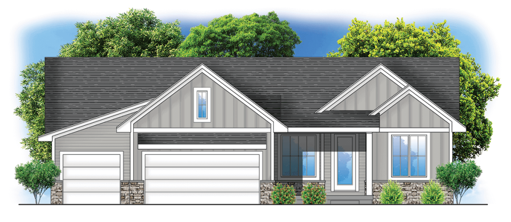 Single-story house with gray siding, white trim, stone accents, and a three-car garage, trees in background.