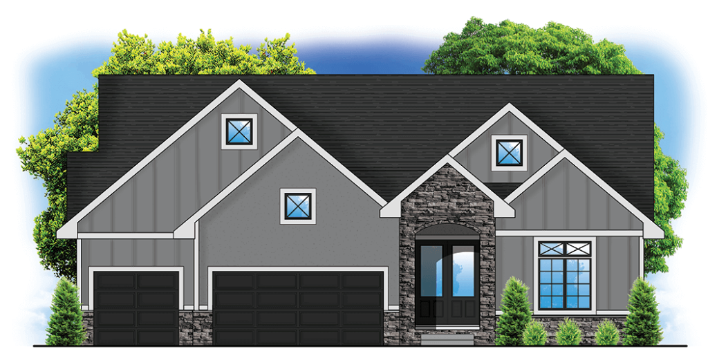 Modern gray house with stone accents, black roof, three-car garage, and trees in the background.