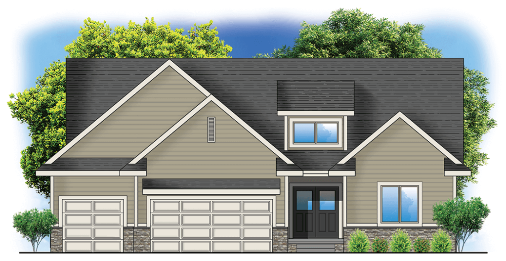 Two-story modern house with gray siding, dark roof, three-car garage, and trees in the background.