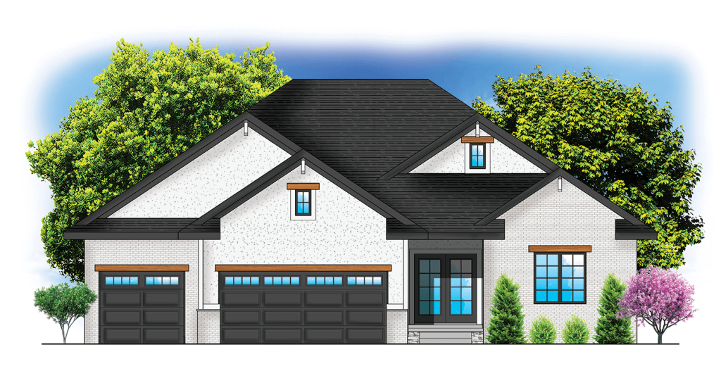 Illustration of a modern house with a black roof, three-car garage, and trees in the background.