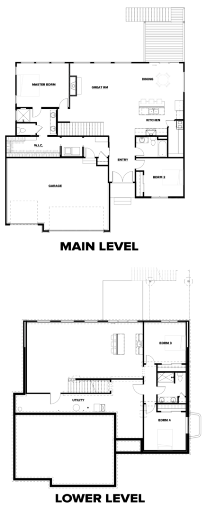 Black and white floor plan with labeled rooms, doors, windows, and various furniture arrangements.