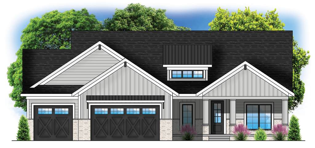 Modern single-story house with black roof, gray siding, three-car garage, and covered front porch.