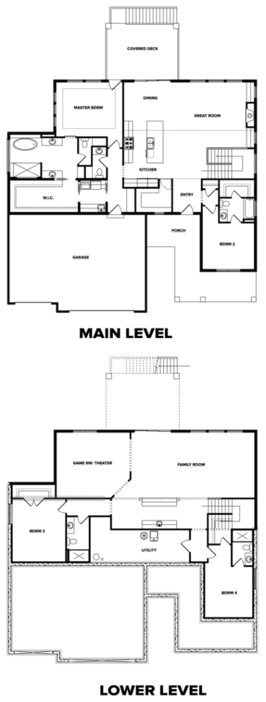 Two-story house floor plan showing rooms on main and lower levels, including kitchen, bedrooms, and bathrooms.