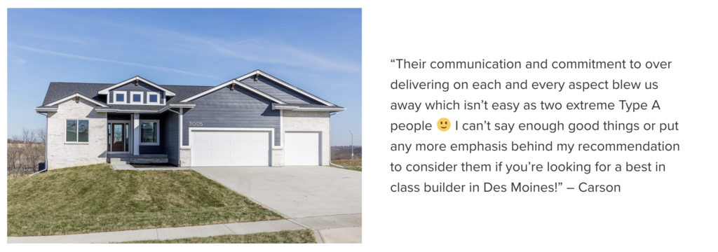 an example of a KRM custom built home next to the customers testimonial.