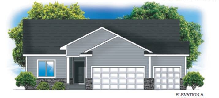 Front view illustration of a gray single-story house with a three-car garage and landscaping.