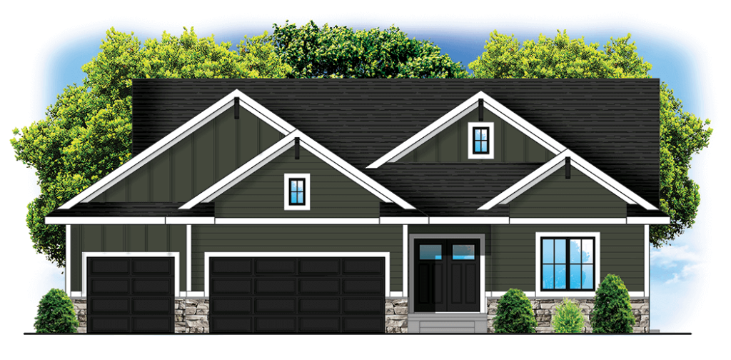 Illustration of a modern dark gray house with three garage doors, white trim, and shrubs in front.