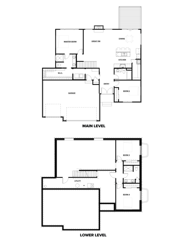 Black and white floor plan showing main and lower levels with labeled rooms and furniture arrangement.