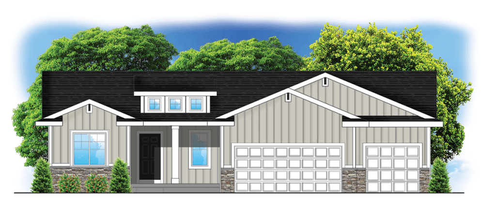 Single-story house with gray siding, black roof, three-car garage, white trim, and columns; trees in background.