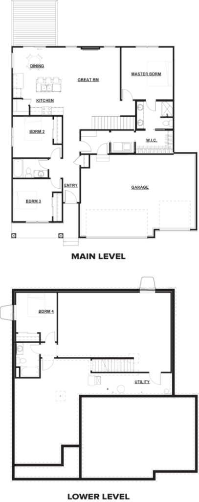 Black and white floor plan showing main and lower levels of a house with labeled rooms and areas.