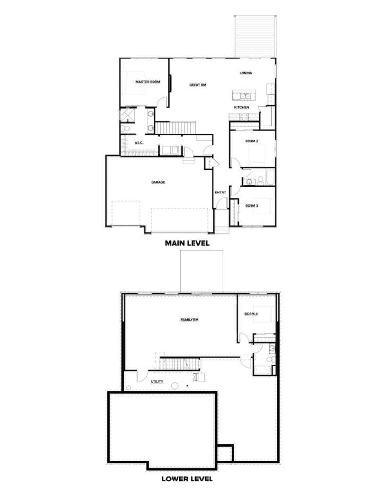 Black and white two-story house floor plan with labeled rooms, including garage, bedrooms, and living areas.