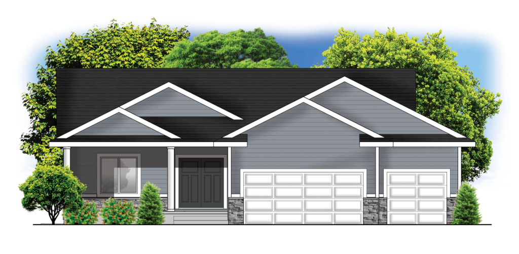 Illustration of a modern gray house with a front porch, white trim, and a three-car garage, trees in background.
