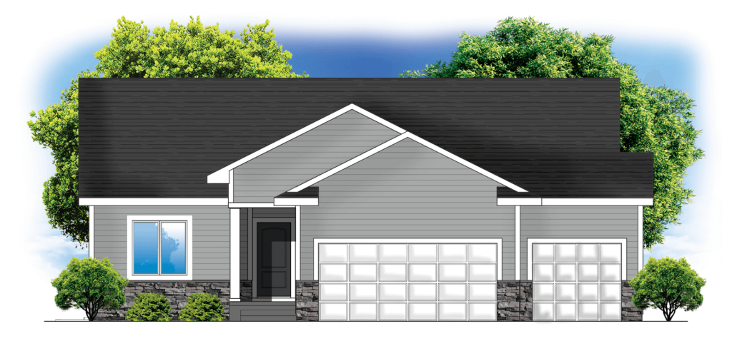 Illustration of a modern gray house with a black roof, three-car garage, and trees in the background.