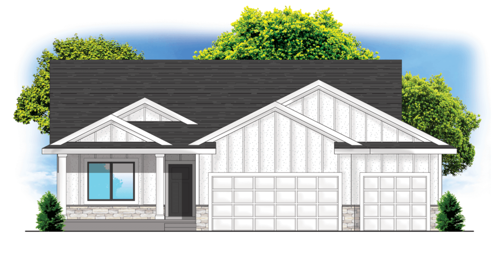 White modern suburban house with dark roof, double garage, porch, and trees in the background.
