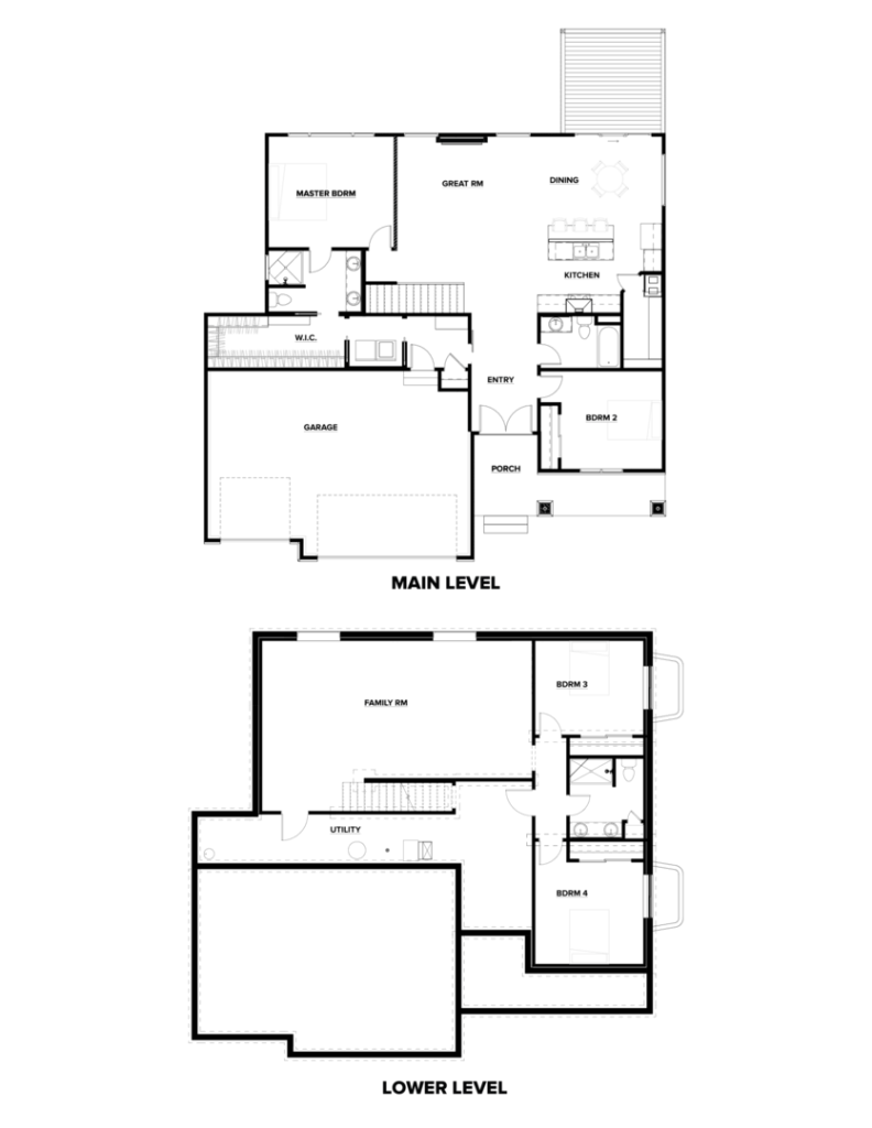 Black and white floor plan with labeled main and lower levels, showing rooms, doors, windows, and stairs.