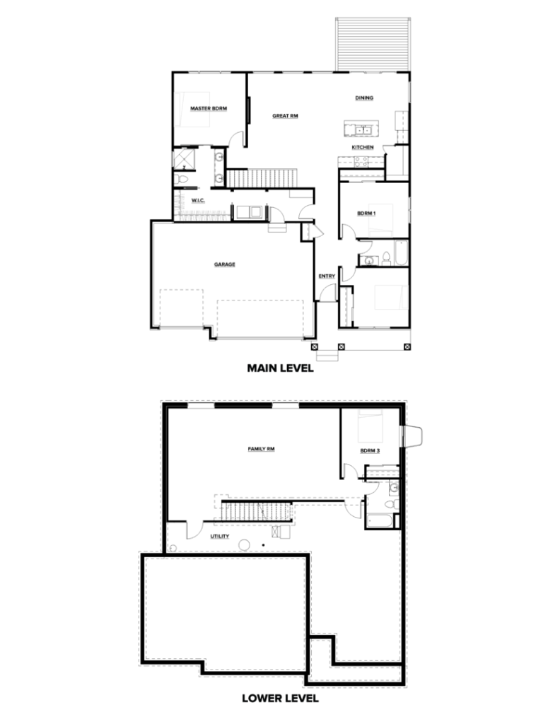 Black and white architectural floor plan of a two-level house, showing rooms and labeled areas.