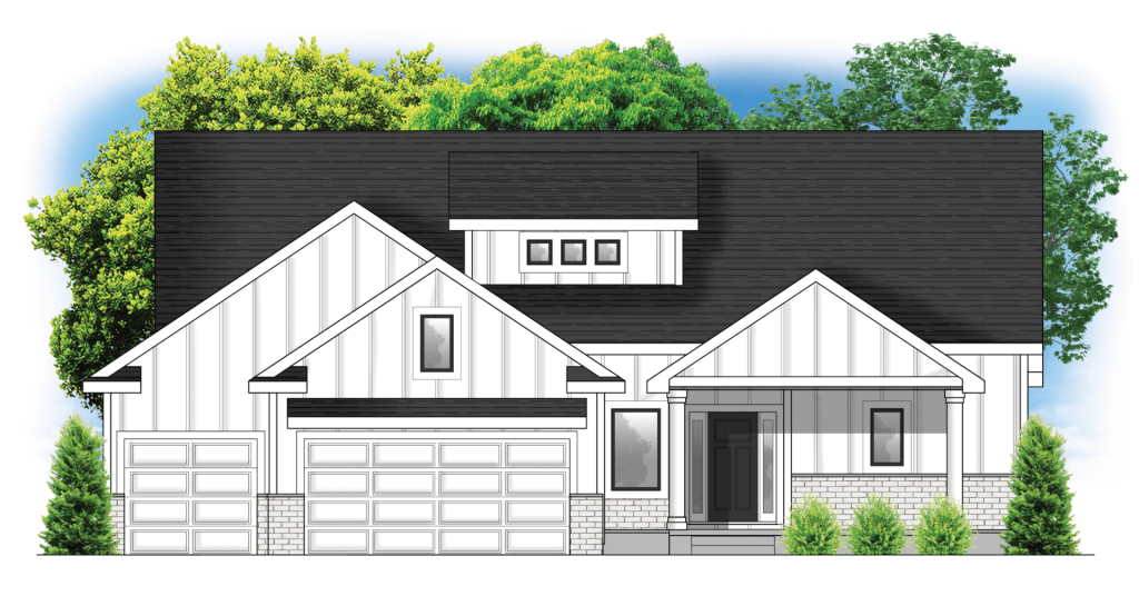 Front view illustration of a modern white house with black roof, three-car garage, and green trees in background.