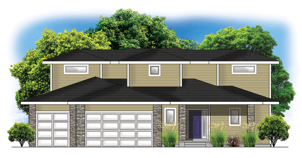 Modern two-story house with a double garage, large windows, and trees in the background.