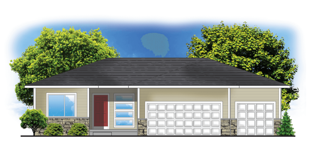 Single-story house with beige siding, large windows, red front door, two garages, and trees in the background.