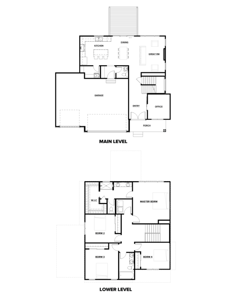 Black and white architectural floor plans showing main and lower levels of a modern house.