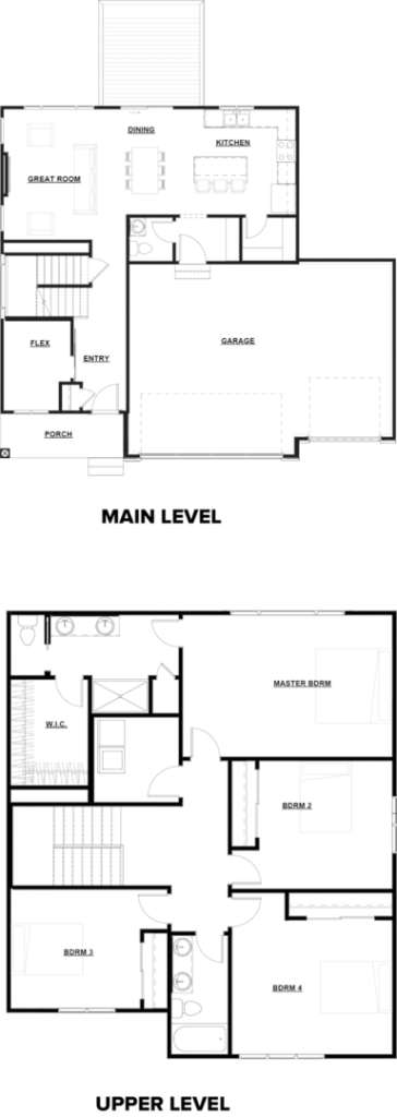 Black and white floor plan showing main and upper levels of a house with labeled rooms and areas.