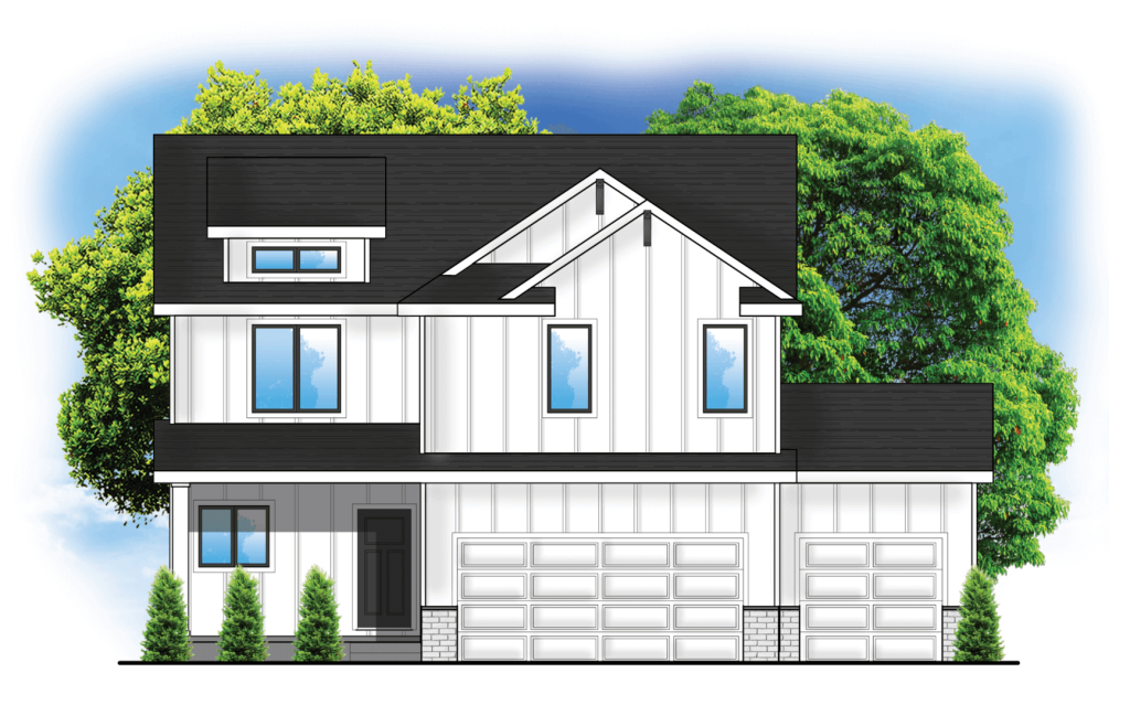 Modern two-story white house with black roof, three-car garage, and trees in the background.