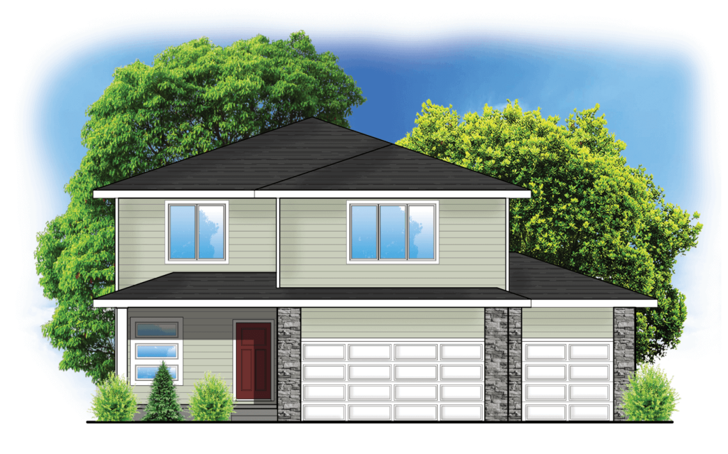Illustration of a two-story suburban house with a three-car garage, trees, and a blue sky in the background.