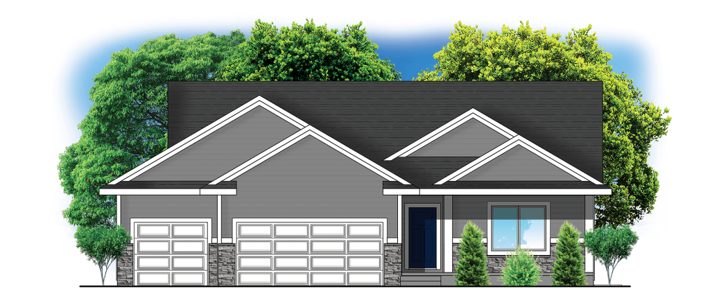 Illustration of a modern gray house with a three-car garage, gabled roof, and trees in the background.