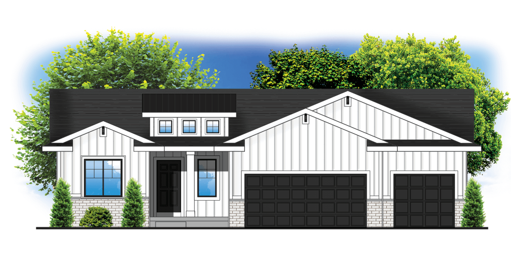 A modern single-story house with white vertical siding, black roof, and black garage doors. The front features a central entrance with large windows and small shrubs. There is a backdrop of green trees and a clear blue sky.