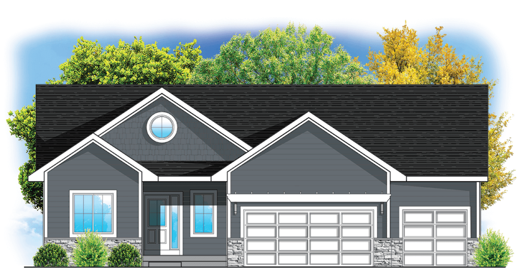 A front view illustration of a modern house with a black roof and gray exterior. The house has a two-car garage, a glass-paneled front door, and large windows. Trees with green and yellow foliage are visible in the background.