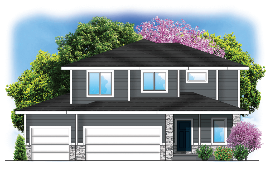 Two-story gray house with three-car garage, stone accents, and trees with green and purple foliage in the background.