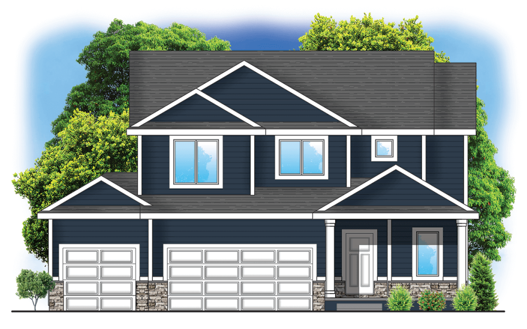 Illustration of a two-story blue house with a three-car garage, large windows, and trees in the background.
